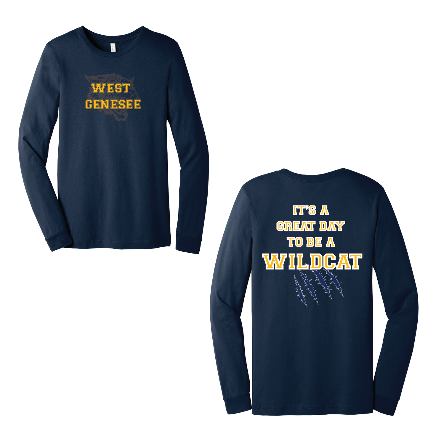West Genesee Wildcats Shadow Mascot Gold Claw "Great Day" Long Sleeve T-Shirt