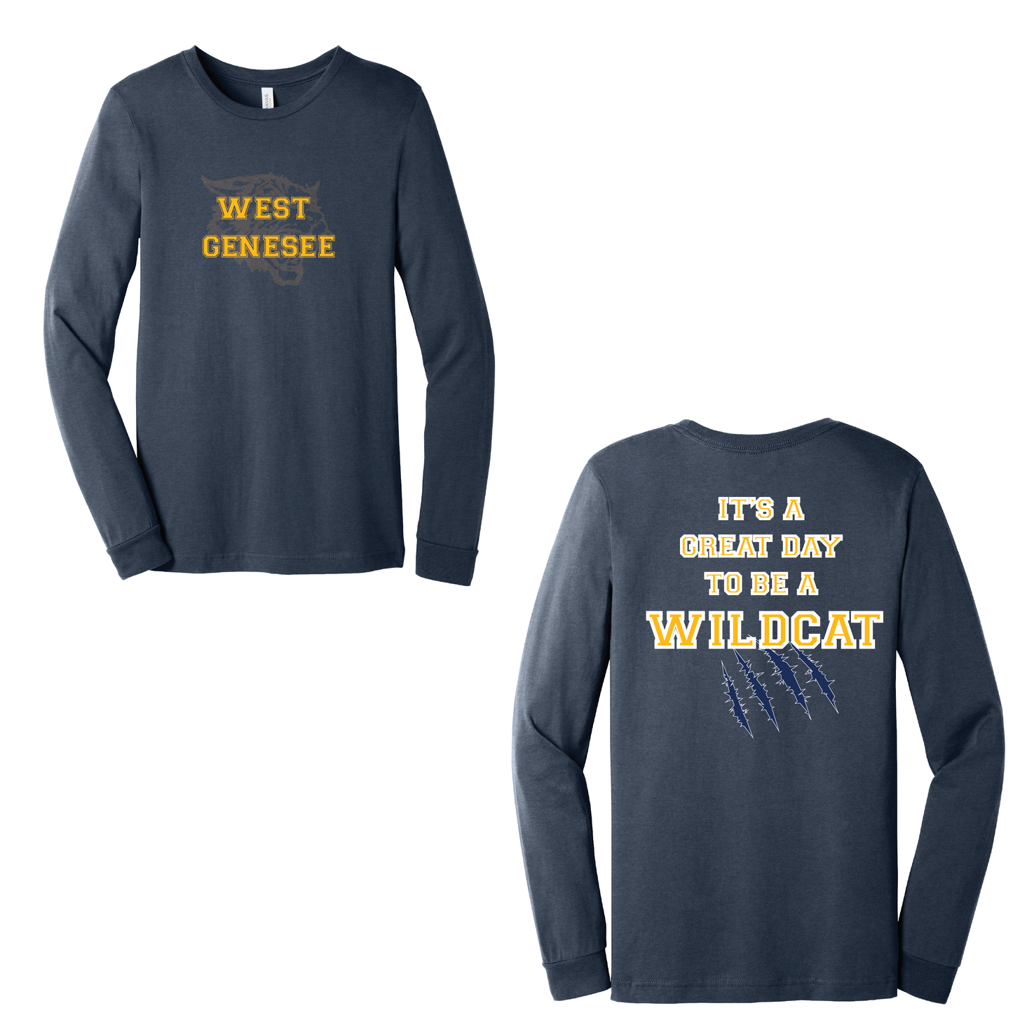 West Genesee Wildcats Shadow Mascot Gold Claw "Great Day" Long Sleeve T-Shirt
